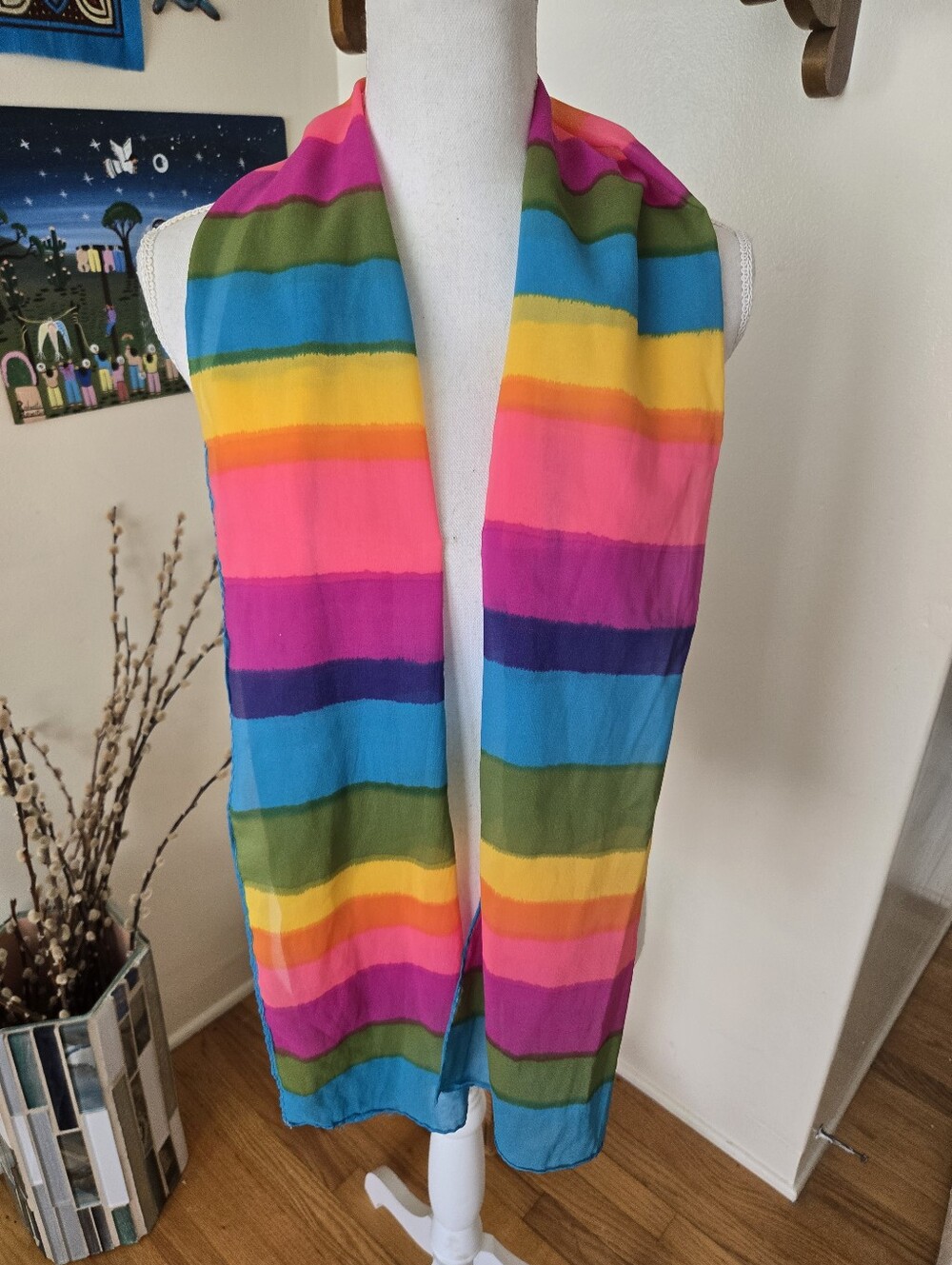Vintage Rectanguar Rainbow Stripe Chiffon Scarf